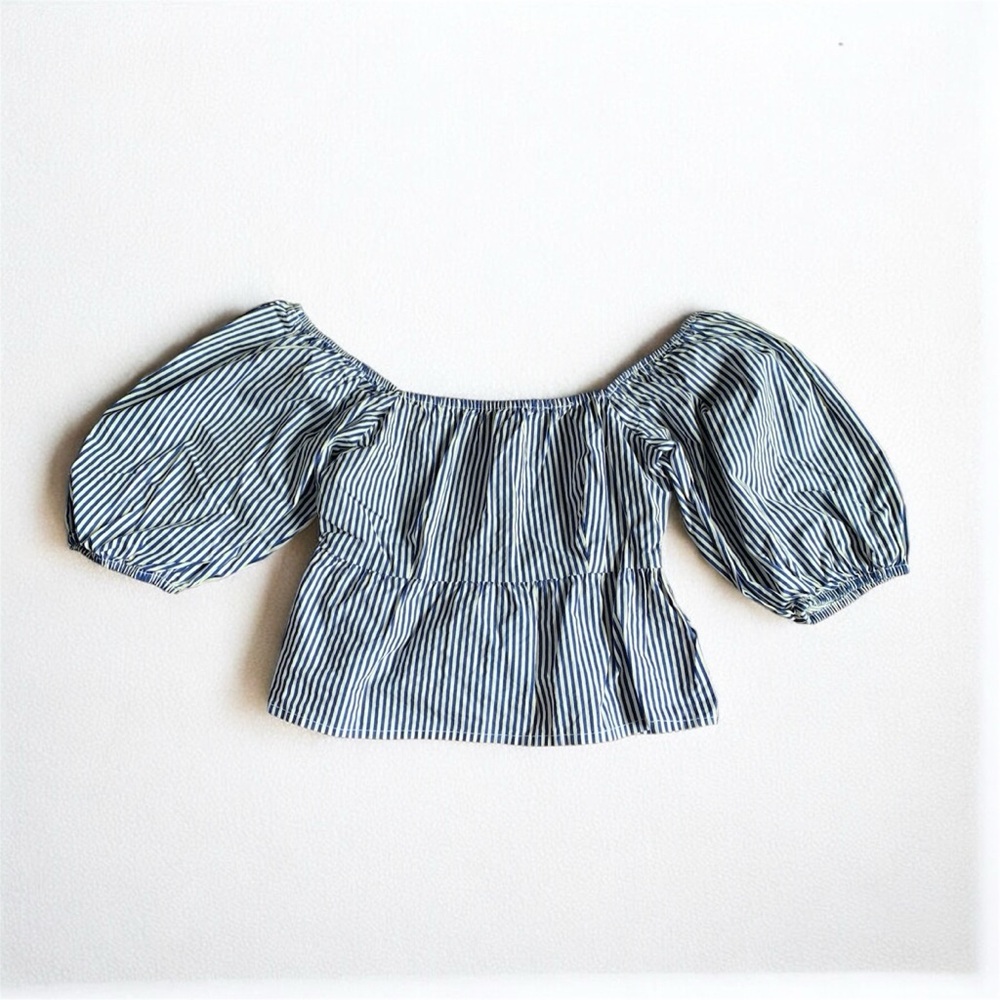 ❤️ 3/30 Sim & Sam Anthropologie Blue White Stripe Smock Baby Doll  Top Small